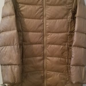 beige puffy 3/4 length coat